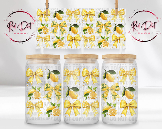 Lemon Coquette UV DTF Transfer, Bow Lemon Cup Wrap, 16 oz Libbey Glass Wrap, Summer Aesthetic Tumbler Decal, Preppy Lemon Design
