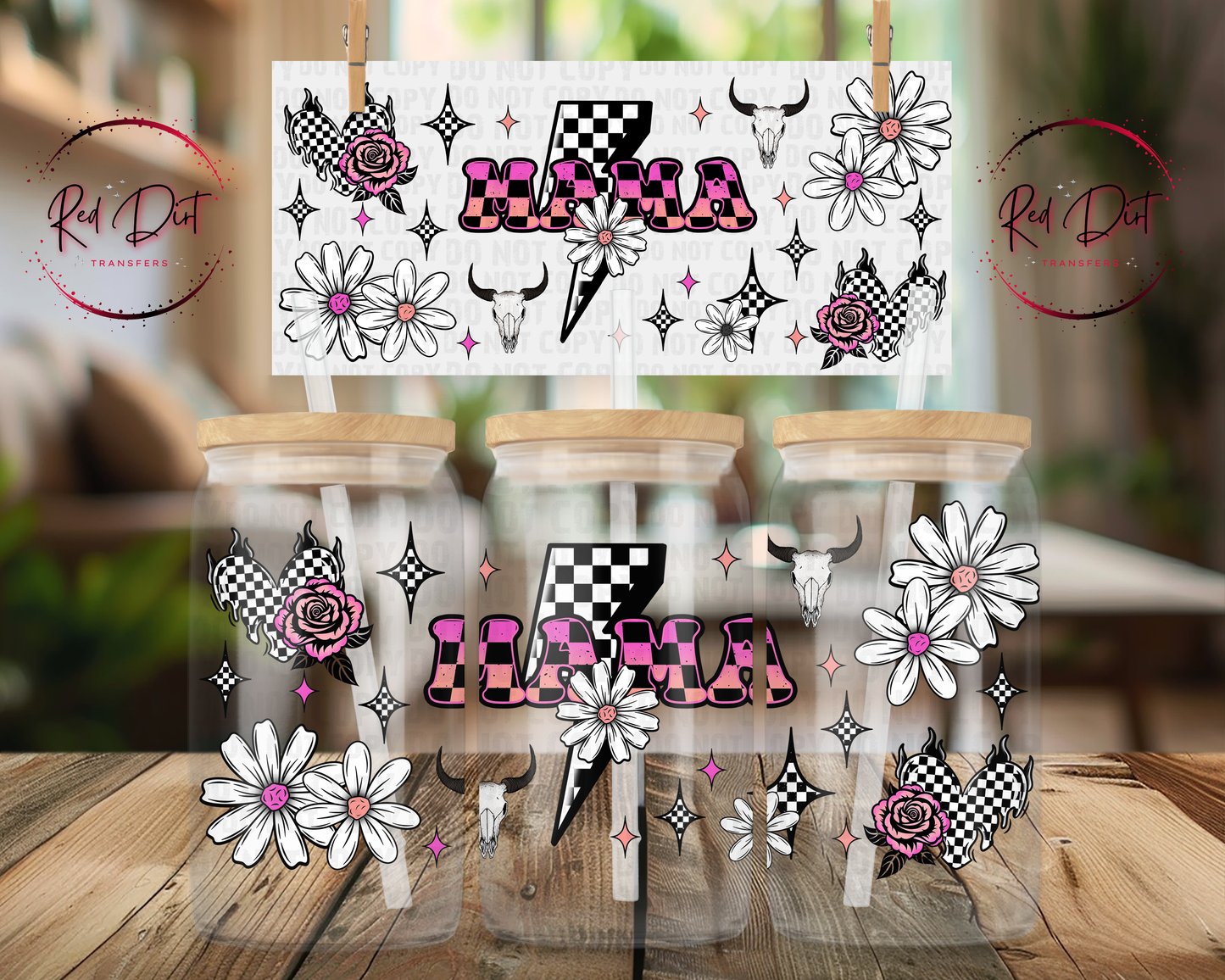 Mama UV DTF Wrap | Pink Checkered Western Libbey Glass Can Decal | Cow Skull Daisy Tumbler Transfer for Moms