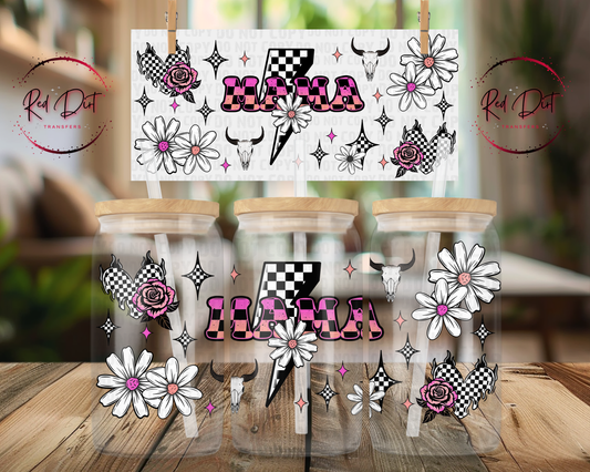 Mama UV DTF Wrap | Pink Checkered Western Libbey Glass Can Decal | Cow Skull Daisy Tumbler Transfer for Moms