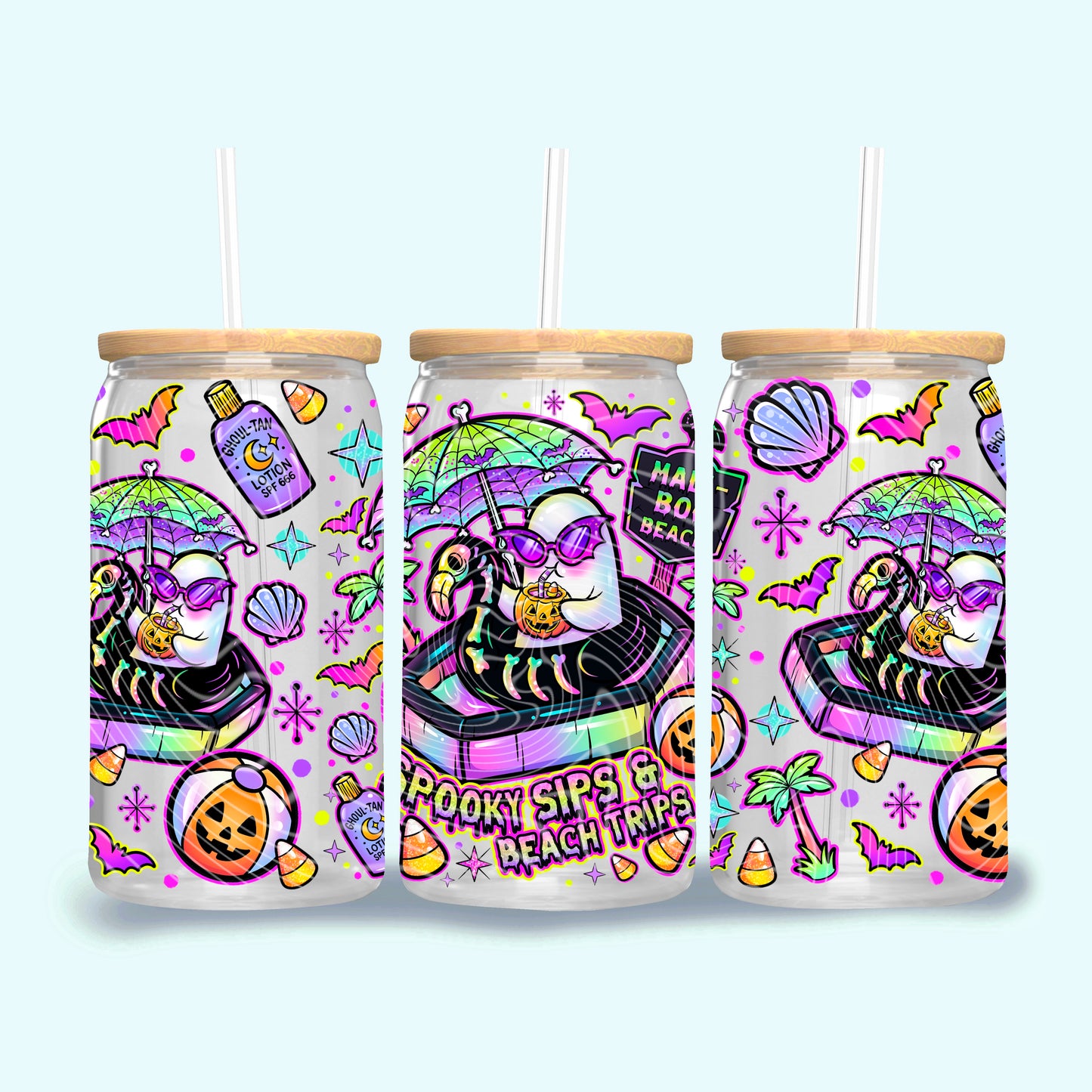 Spooky Sips Beach Trips UV DTF Wrap for 16oz Libbey Glass, Halloween Summer Cup Wrap, Ghost Beach Tumbler Transfer, Cute Spooky Wrap