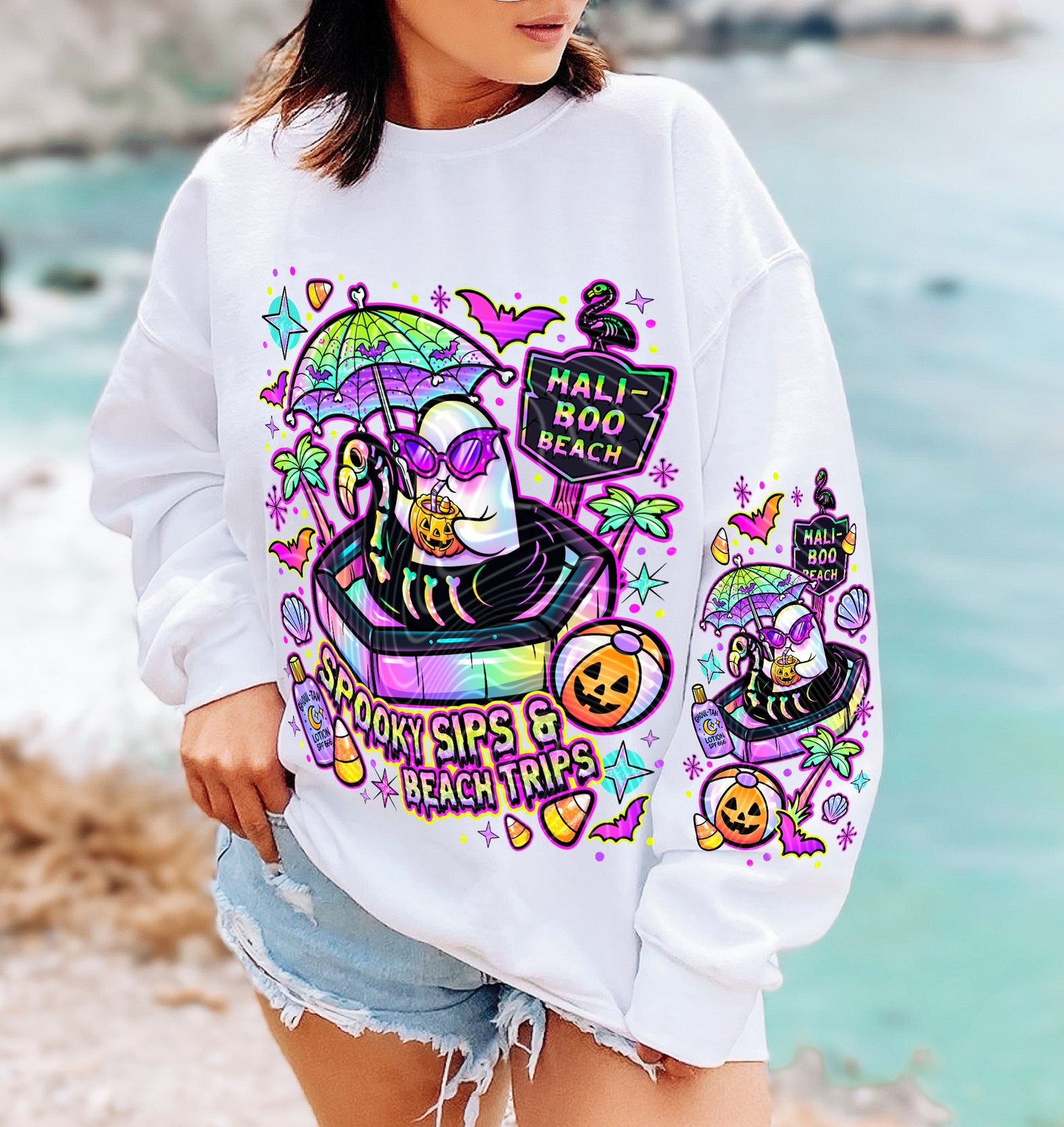 Spooky Sips & Beach Trips DTF Transfer, Halloween Summer DTF, Ghost Beach Transfer, Cute Halloween Shirt Design, Trendy Spooky DTF