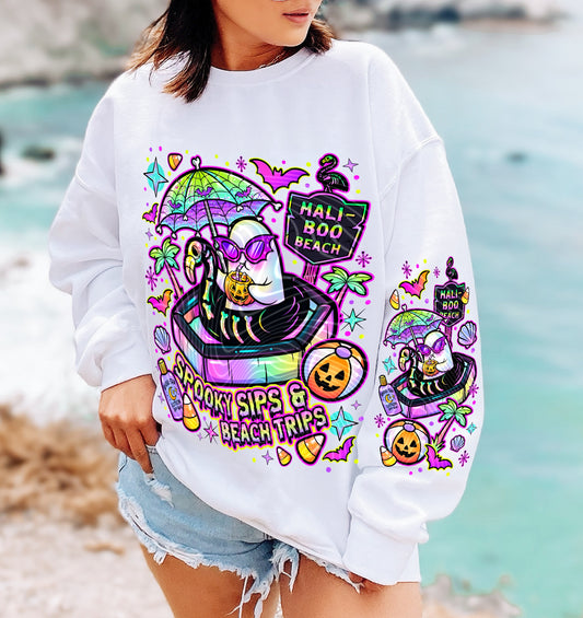 Spooky Sips & Beach Trips DTF Transfer, Halloween Summer DTF, Ghost Beach Transfer, Cute Halloween Shirt Design, Trendy Spooky DTF