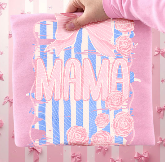 Mama Coquette DTF Transfer, Pink Bow Mama Transfer, Floral Stripe Design, Trendy Mom Graphic, Ready to Press DTF Transfer