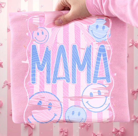 Mama Smiley Face DTF Transfer, Retro Mom Transfer, Pink Blue Mama Design, Trendy Graphic Transfer, Ready to Press DTF