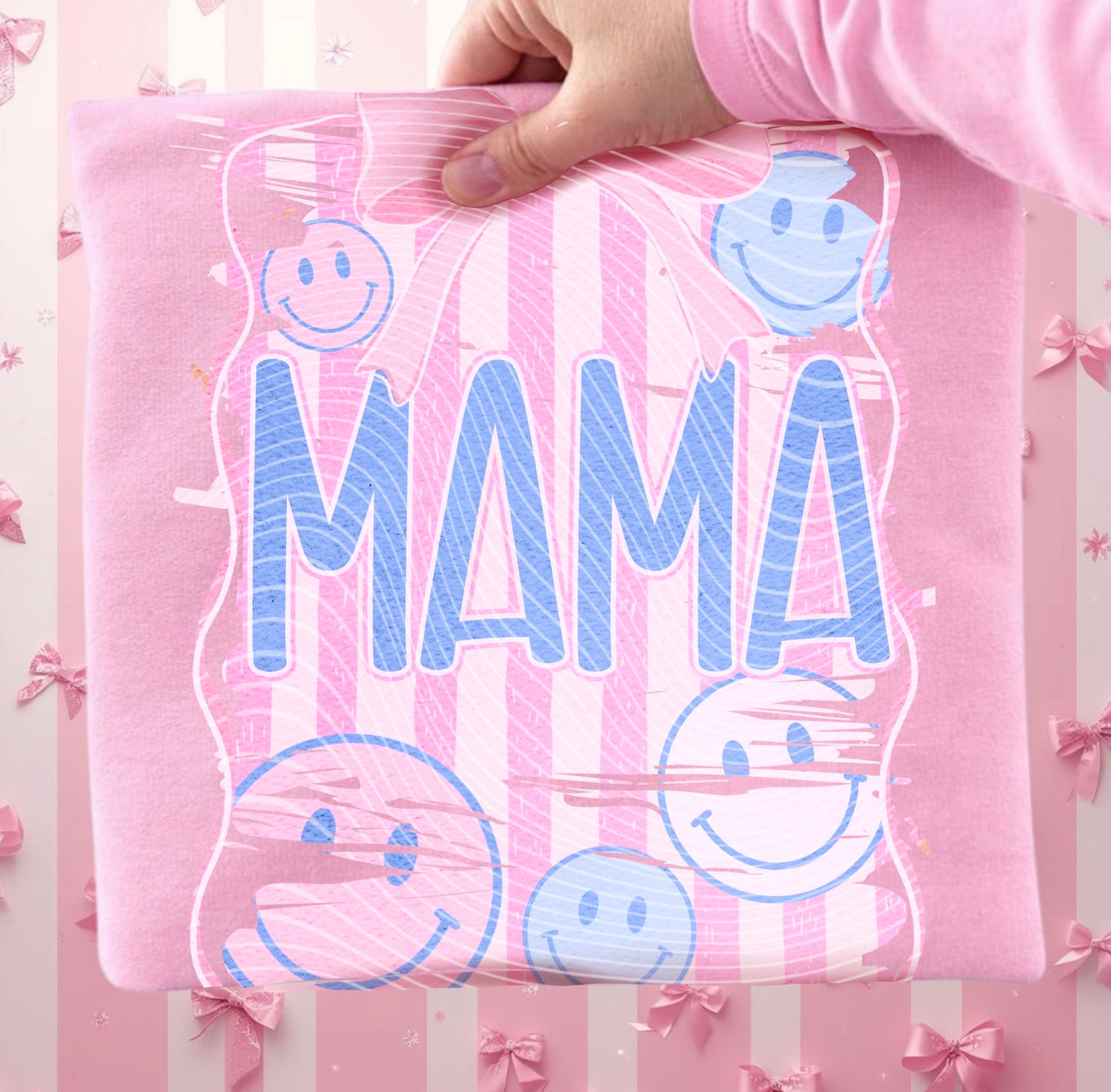 Mama Smiley Face Graphic Tee | Trendy Pink & Blue Mama Shirt | Cute Motherhood Tee | Bella Canvas Shirt