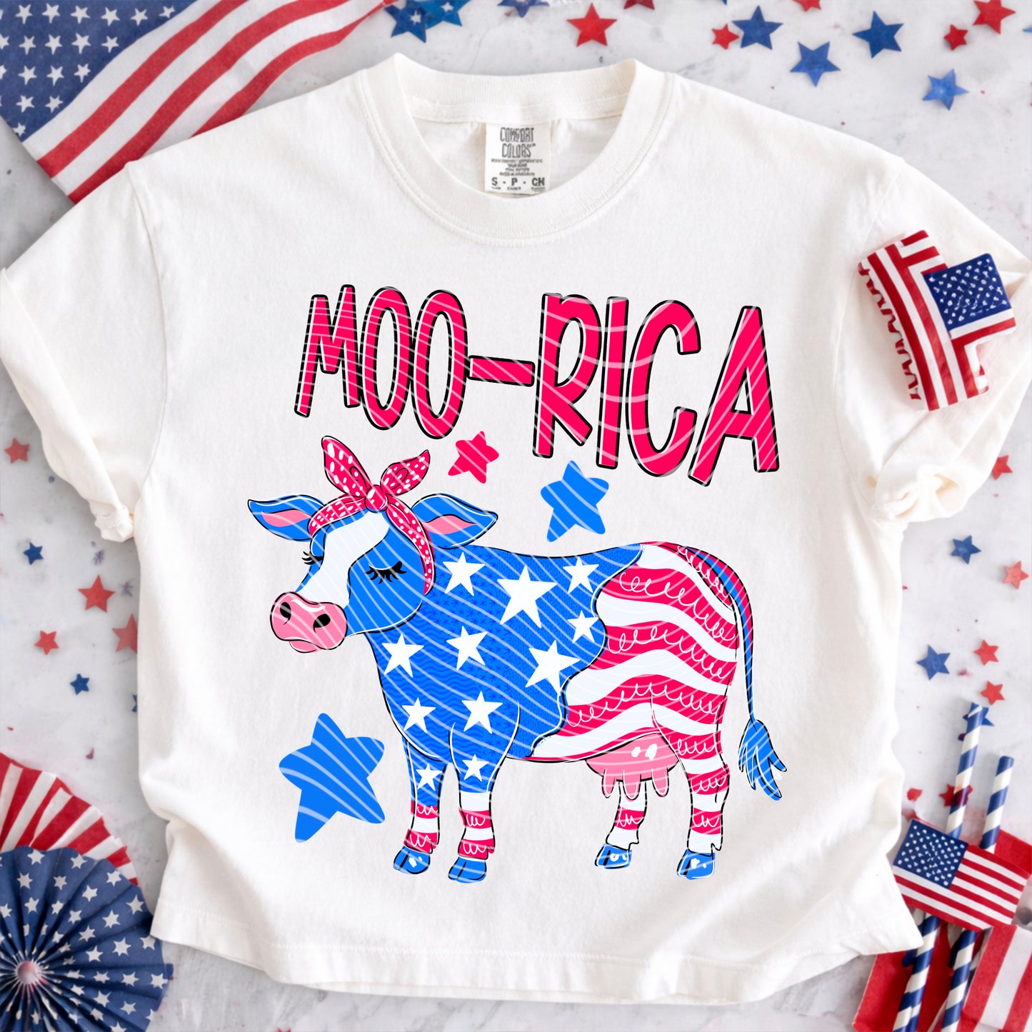 Moo-Rica DTF Transfer | Patriotic Cow Transfer | 4th of July Cow Print | Retro USA Highland Cow Transfer | Ready to Press