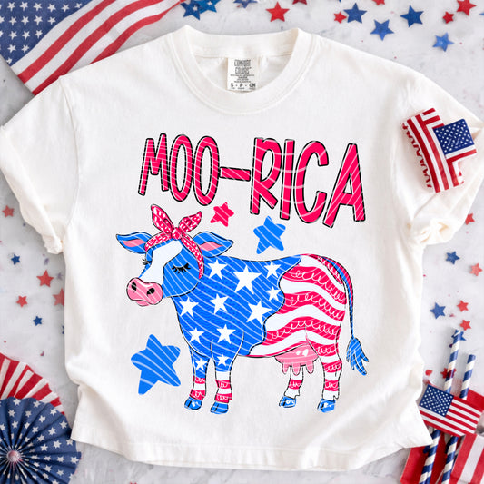 Moo-Rica DTF Transfer | Patriotic Cow Transfer | 4th of July Cow Print | Retro USA Highland Cow Transfer | Ready to Press