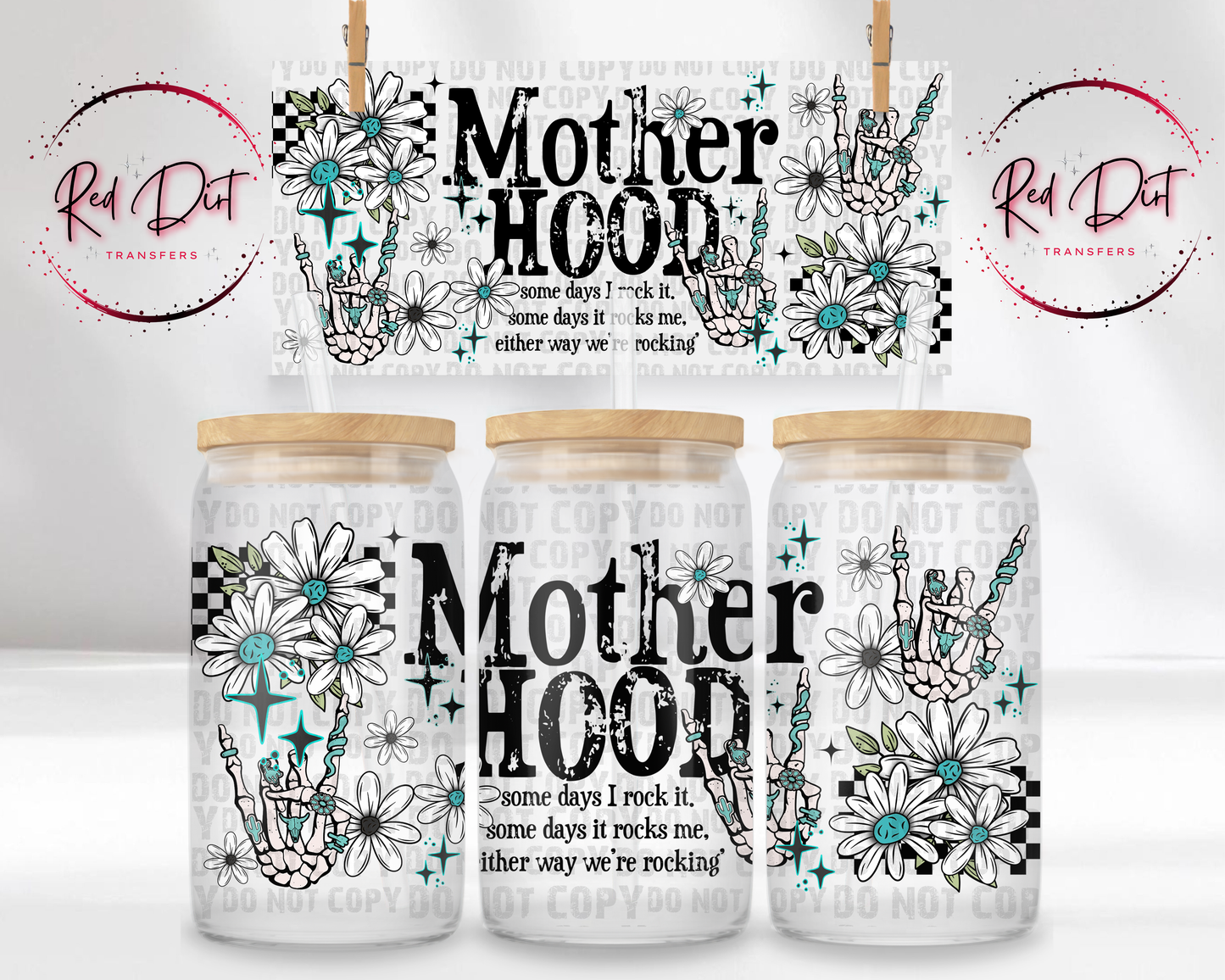 Motherhood UV DTF Transfer, Funny Mom Cup Wrap, 16 oz Libbey Glass Wrap, Rocking Motherhood Tumbler Decal, Skeleton Hand Floral Design