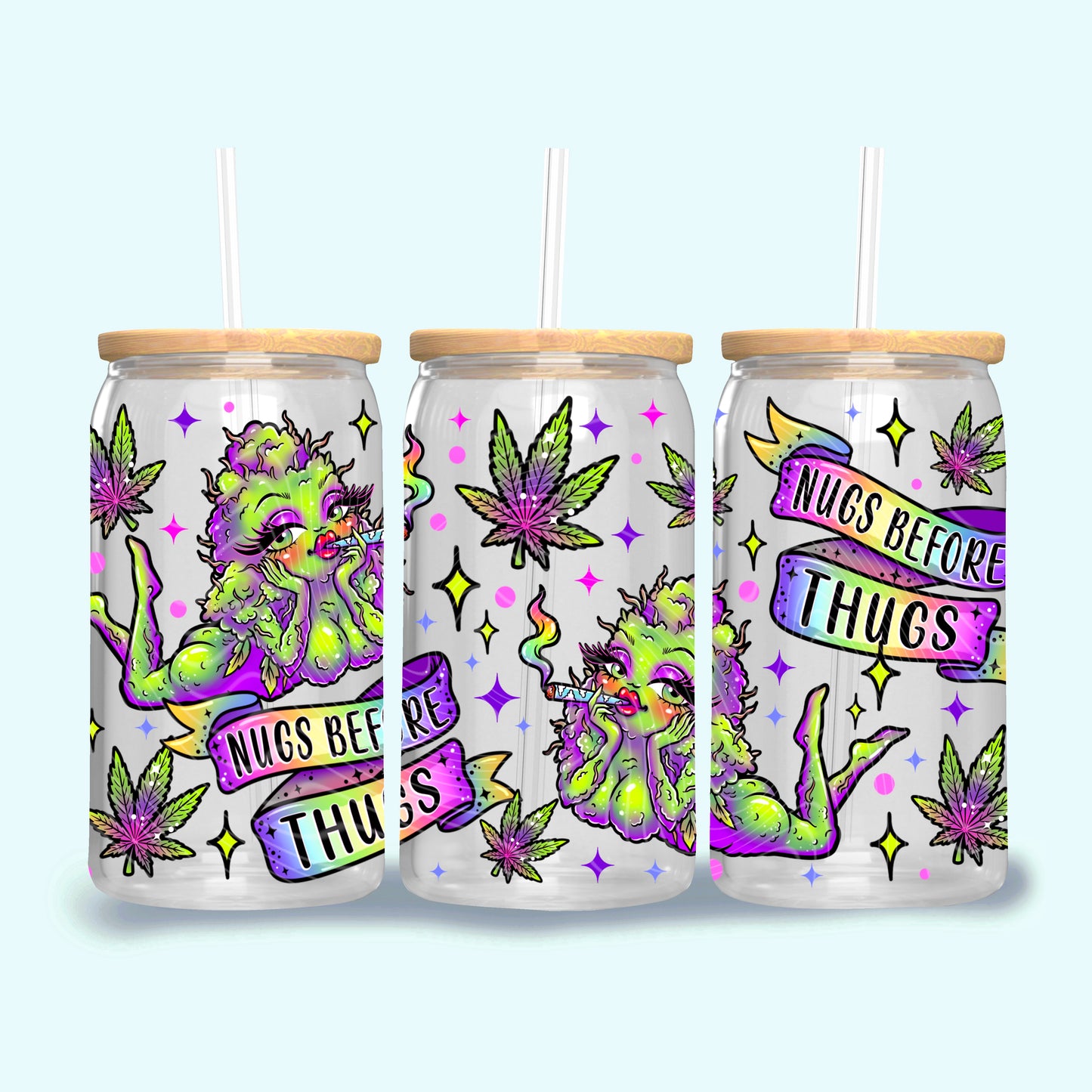 Nugs Before Thugs UV DTF Cup Wrap | 420 Friendly Glass Can Wrap | Funny Stoner Tumbler Decal | Retro Weed Cup Wrap