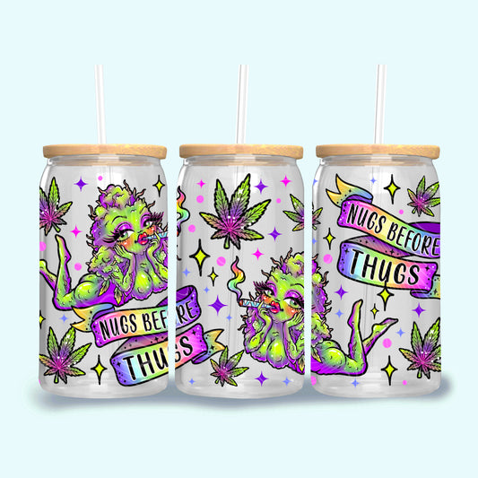 Nugs Before Thugs UV DTF Cup Wrap | 420 Friendly Glass Can Wrap | Funny Stoner Tumbler Decal | Retro Weed Cup Wrap