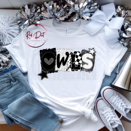 Owls BW Collage Mascot T-Shirt | Trendy School Spirit Shirt | Fast Shipping | Super Soft Shirts for Men/Women/Kid's