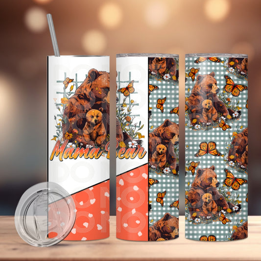 Mama Bear Insulated Tumbler with Plastic Lid and Sealed Reusable Straw | Trendy Mom Cup | Hot/Cold Tumbler