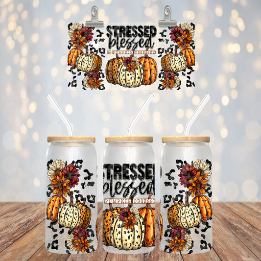 Stressed Blessed Pumpkin Obsessed UV DTF Libbey Transfer | Trendy Fall Libbey Wrap | Ready to Transfer | High Quality | Waterproof UV Transfer