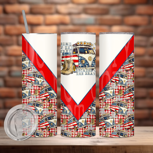 Home of the Free Because of the Brave Insulated Tumbler with Plastic Lid and Sealed Reusable Straw | Trendy Independence Day Cup | Hot/Cold Tumbler