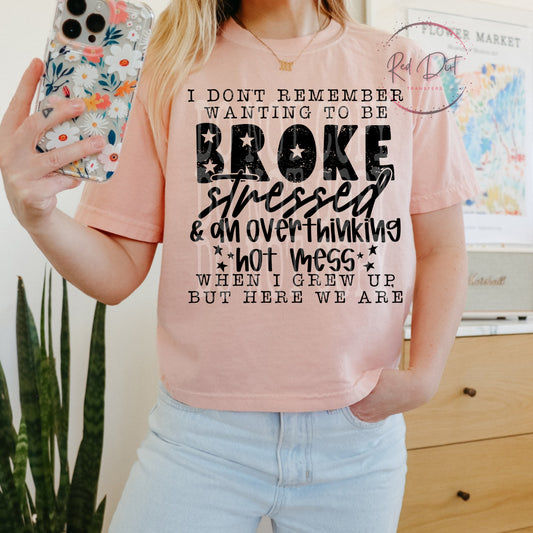 I Don't Remember Wanting to Be Broke Stressed and an Overthinking Hot Mess When I Grew Up  DTF Transfer | Trendy Snarky DTF Transfer | High Quality Image Transfers | Ready to Press | Fast Shipping