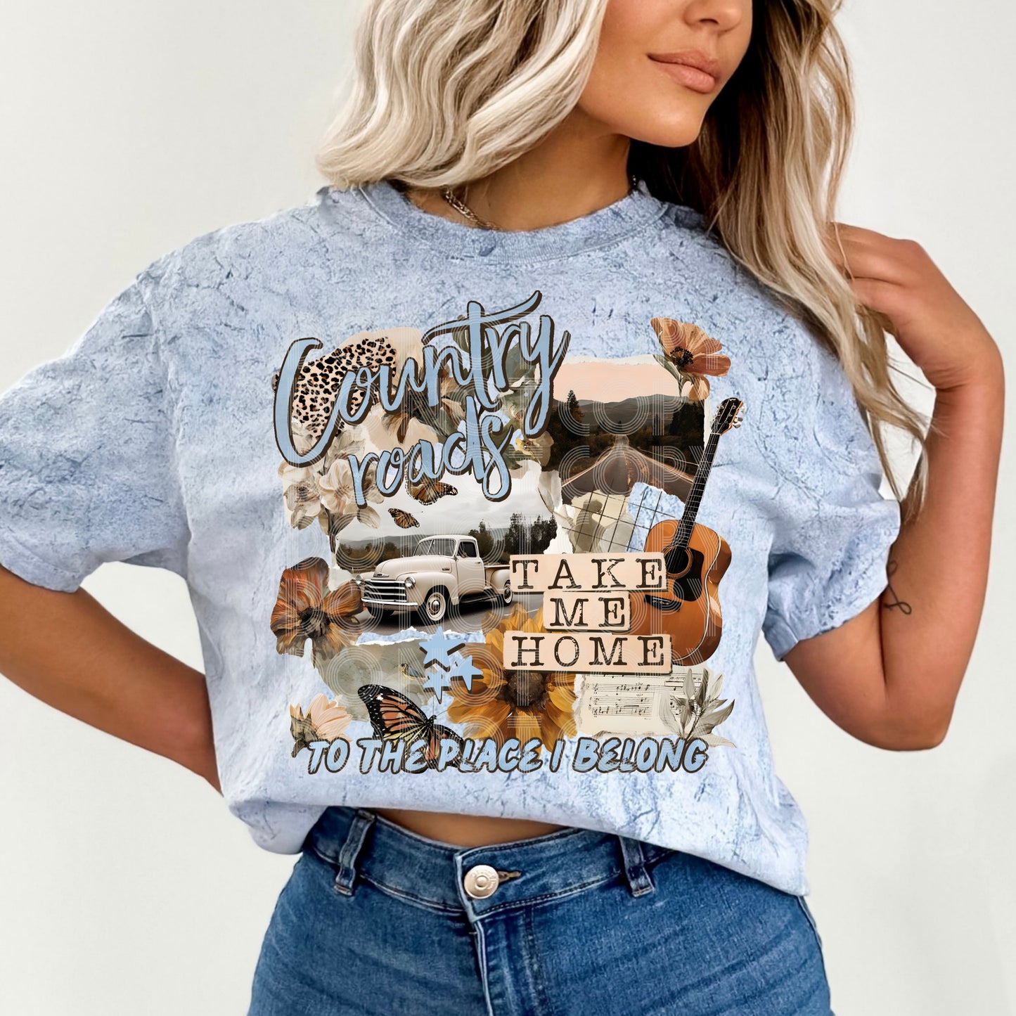 Country Roads Take Me Home DTF Transfer, Western Music Transfer, Vintage Country Shirt Design, Rustic Floral Guitar Transfer