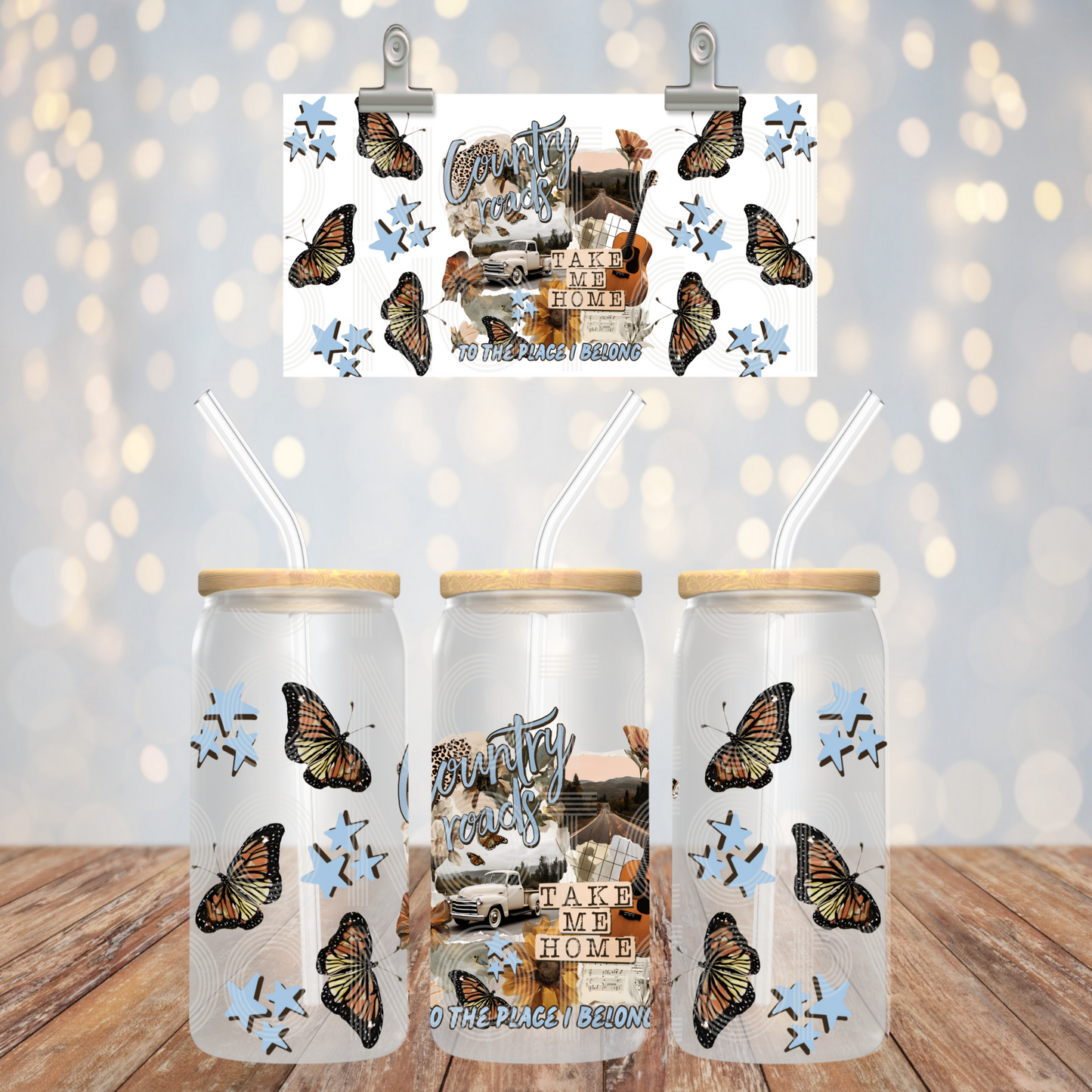 Country Roads UV DTF Transfer | Take Me Home Cup Wrap | Butterfly Western Tumbler Transfer | Libbey Glass Can Decal | Western Aesthetic UV DTF