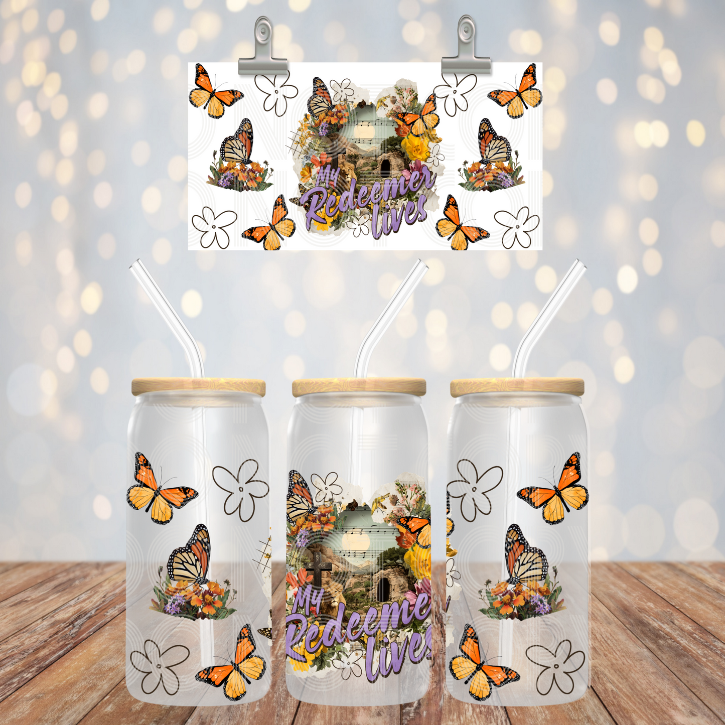 My Redeemer Lives UV DTF Cup Wrap | Christian Butterfly Libbey Glass Can Transfer | Faith Tumbler Decal