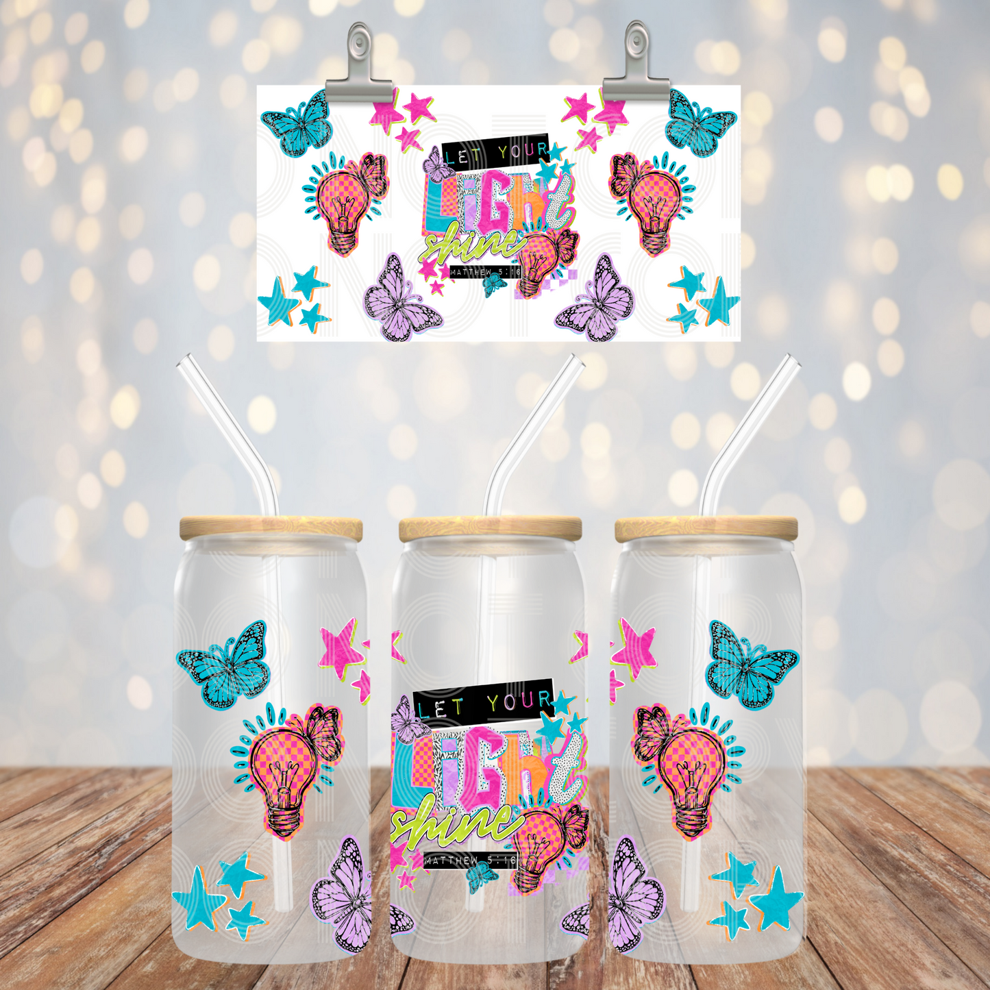 Let Your Light Shine UV DTF Cup Wrap | 16oz Libbey Glass Wrap | Christian Faith Cup Decal | Butterfly Design