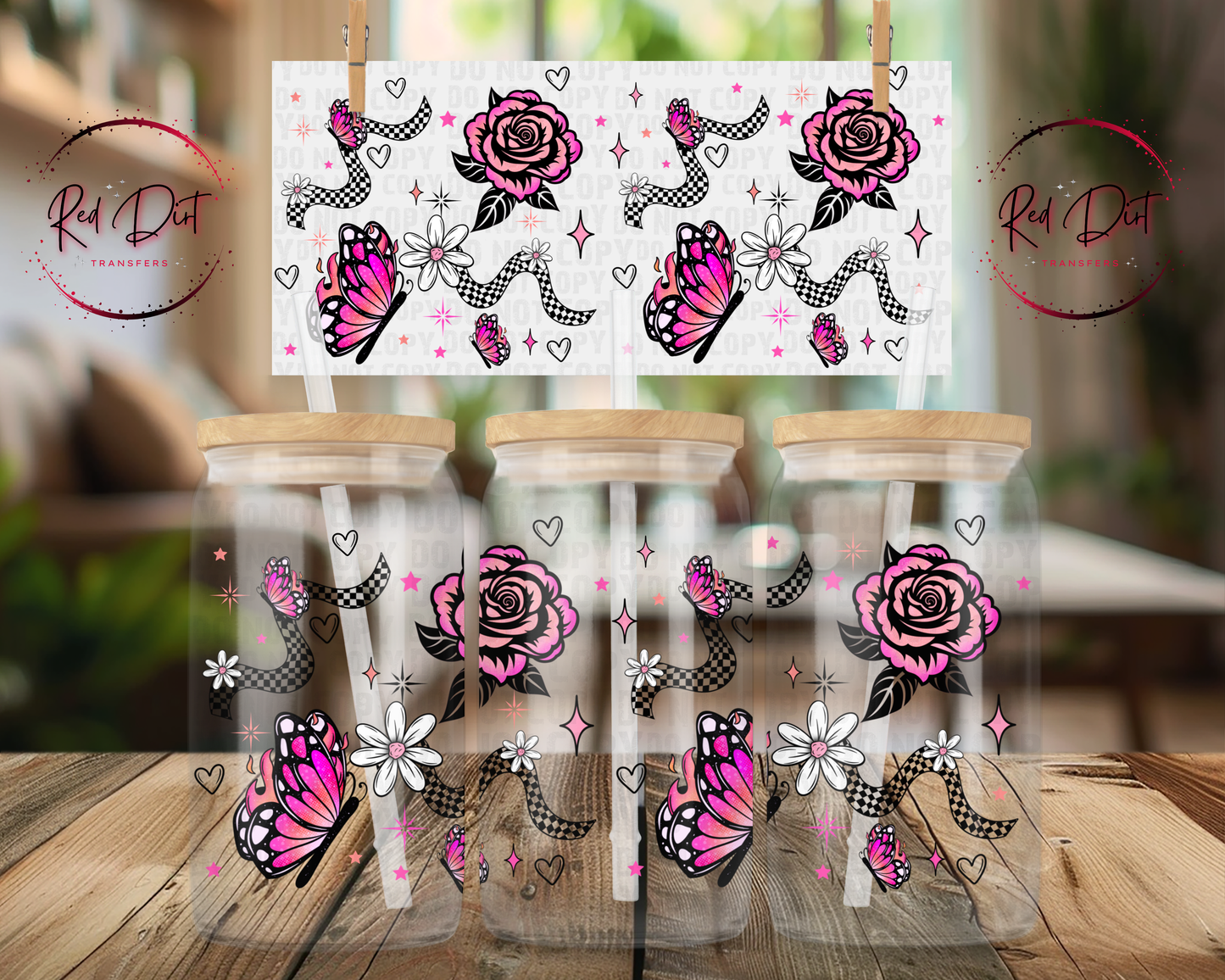Pink Butterfly UV DTF Wrap | Checkered Snake Libbey Glass Can Decal | Pink Rose Tumbler Transfer | Girly Goth Cup Wrap