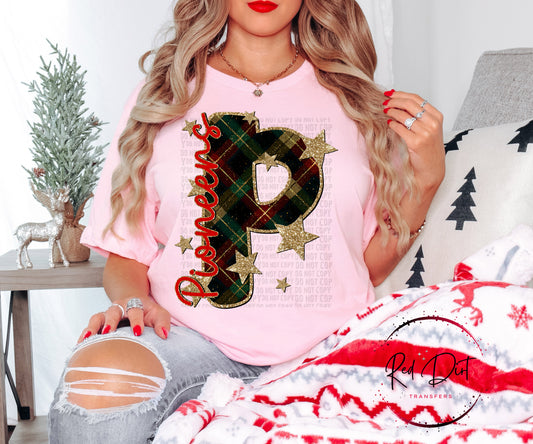 Pioneers Christmas Plaid Mascot T-Shirt | Trendy School Spirit Shirt | Fast Shipping | Super Soft Shirts for Men/Women/Kid's