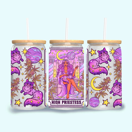 High Priestess UV DTF Cup Wrap | Witchy Glass Can Wrap | Celestial Cat Tumbler Decal | Mystic Tarot Style Cup Wrap