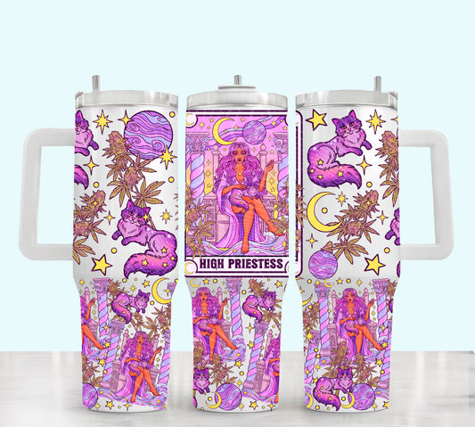 High Priestess 40oz UV DTF Tumbler Wrap | Witchy Tarot Tapered Cup Wrap | Celestial Cat 420 Friendly Tumbler Decal