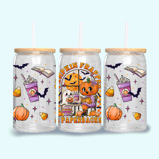 Pumpkins, Frappe's, and Paperbacks UV DTF Libbey Transfer | Trendy Halloween Libbey Wrap | Ready to Transfer | High Quality | Waterproof UV Transfer