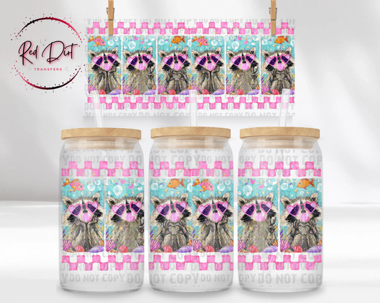 Raccoon UV DTF Transfer | Pink Checkered Raccoon Cup Wrap | Cute Raccoon Tumbler Transfer | Beachy Raccoon Drinkware