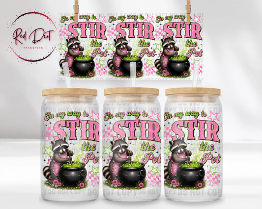 Raccoon Stir the Pot UV DTF Transfer | Funny Pink Raccoon Cup Wrap | Witchy Halloween Tumbler Transfer | Cute Fall Drinkware