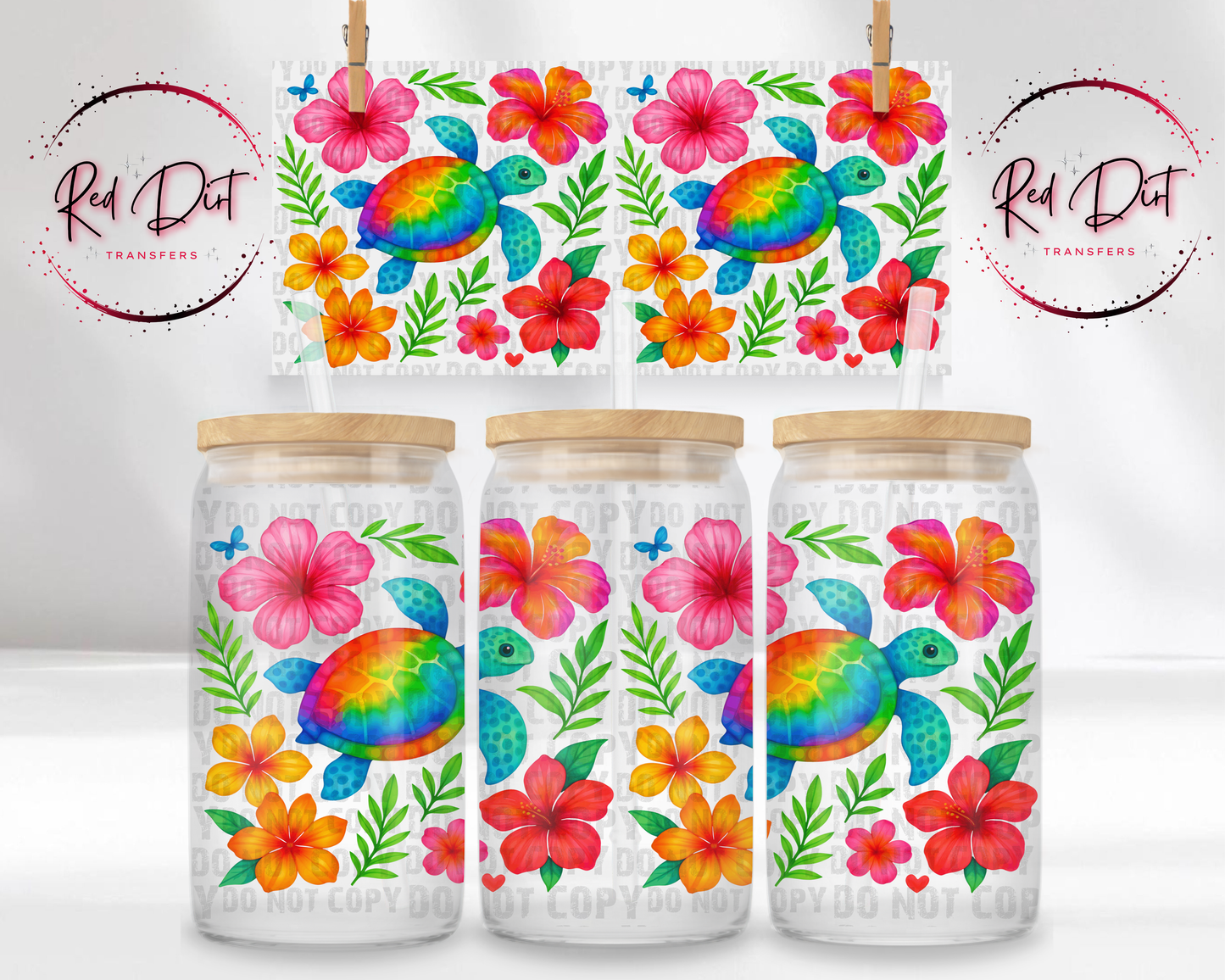 Rainbow Turtle UV DTF Transfer, Tropical Turtle Cup Wrap, 16 oz Libbey Glass Wrap, Colorful Sea Turtle Tumbler Decal, Summer Floral Wrap