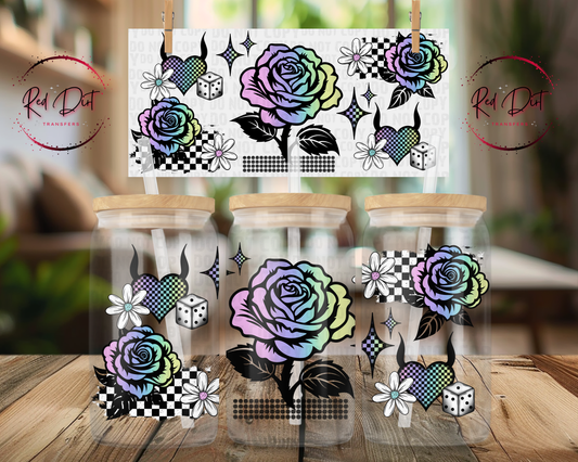 Pastel Goth UV DTF Wrap | Rainbow Rose Libbey Glass Can Decal | Checkered Heart Tumbler Transfer | Western Coquette Cup Wrap