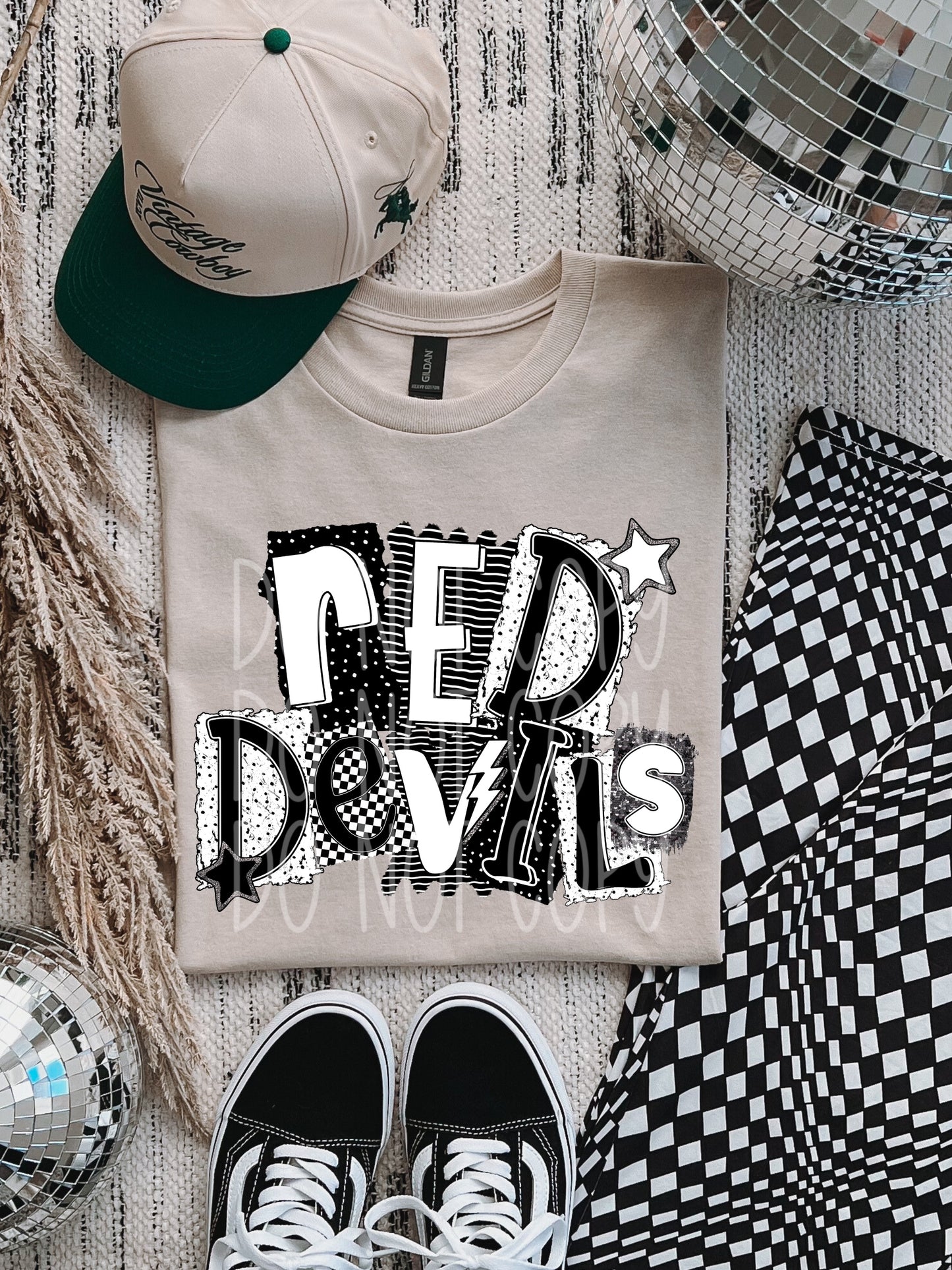 Red Devils  BW Collage Mascot DTF Transfer | Trendy School Spirit DTF Transfer | High Quality Image Transfers | Ready to Press | Instant Peel