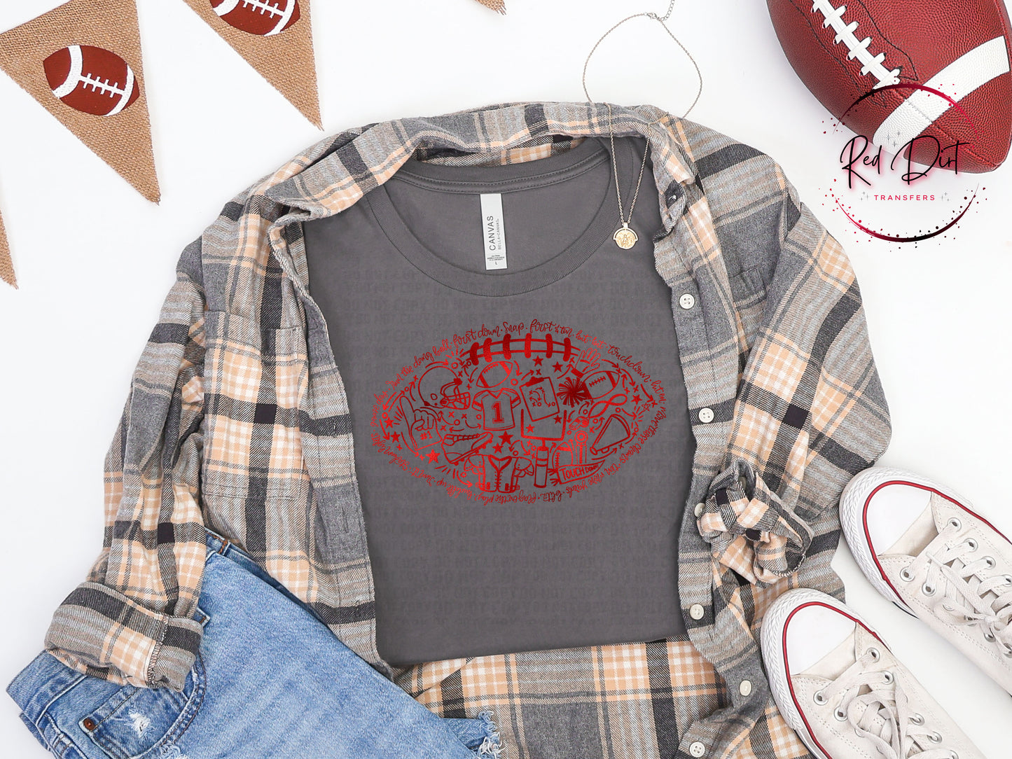 Red Metallic Football Doodle DTF Transfer | Red Football Heat Transfer | Ready to Press Transfer