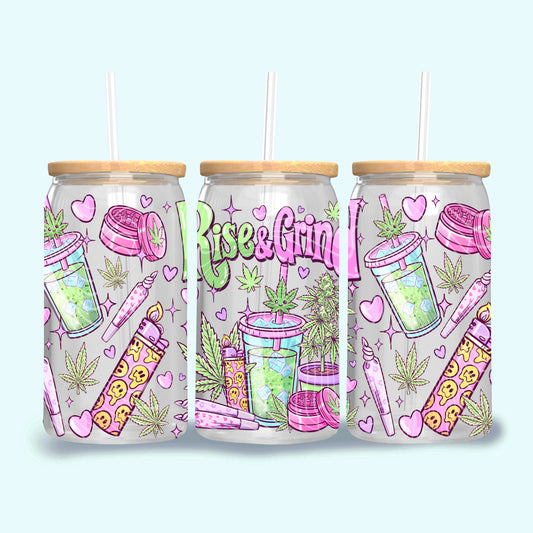 Rise & Grind UV DTF Cup Wrap | 420 Friendly Glass Can Wrap | Cute Stoner Tumbler Decal | Pink Weed Coffee Cup Wrap