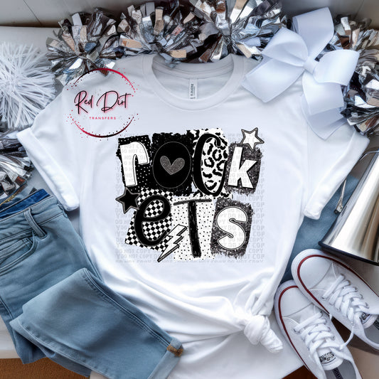 Rockets  BW Collage Mascot T-Shirt | Trendy School Spirit Shirt | Fast Shipping | Super Soft Shirts for Men/Women/Kid's