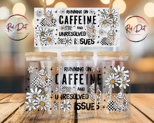 Running On Caffeine Libbey Wrap, Funny Coffee Glass Can Wrap, Sarcastic Cup Wrap Transfer, UV DTF Wrap, Red Dirt Transfers