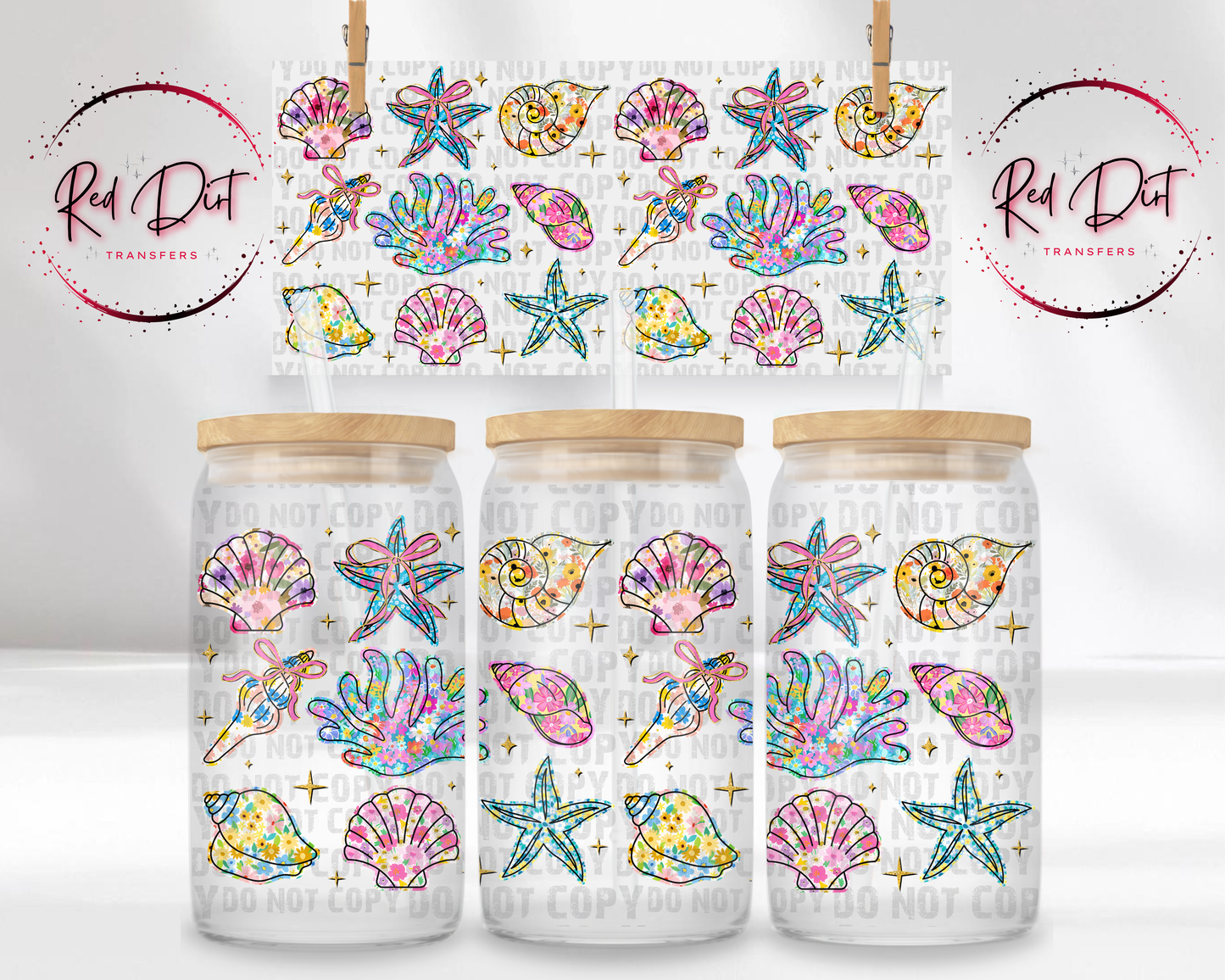 UV DTF Transfer Beach Shell Wrap | Colorful Seashell Starfish Coral Design | Libbey Glass Can Wrap | Summer Coastal Cup Decal