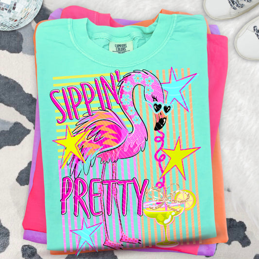 Sippin Pretty DTF Transfer | Flamingo Beach Transfer | Summer Cocktail Shirt Print | Boutique Graphic Tee