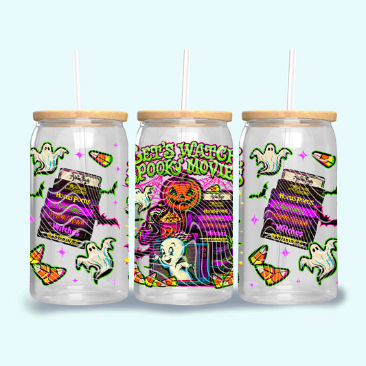 Let's Watch Spooky Movies Glass Libbey Cup |16 oz Libbey Glass Can | Snow Globe Tumbler Upgrade | Fast Shipping