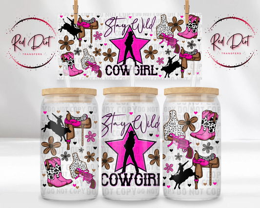 Stay Wild Cowgirl UV DTF Transfer | Western Cowgirl Wrap | Pink Boots Rodeo Design | Libbey Glass Can Wrap