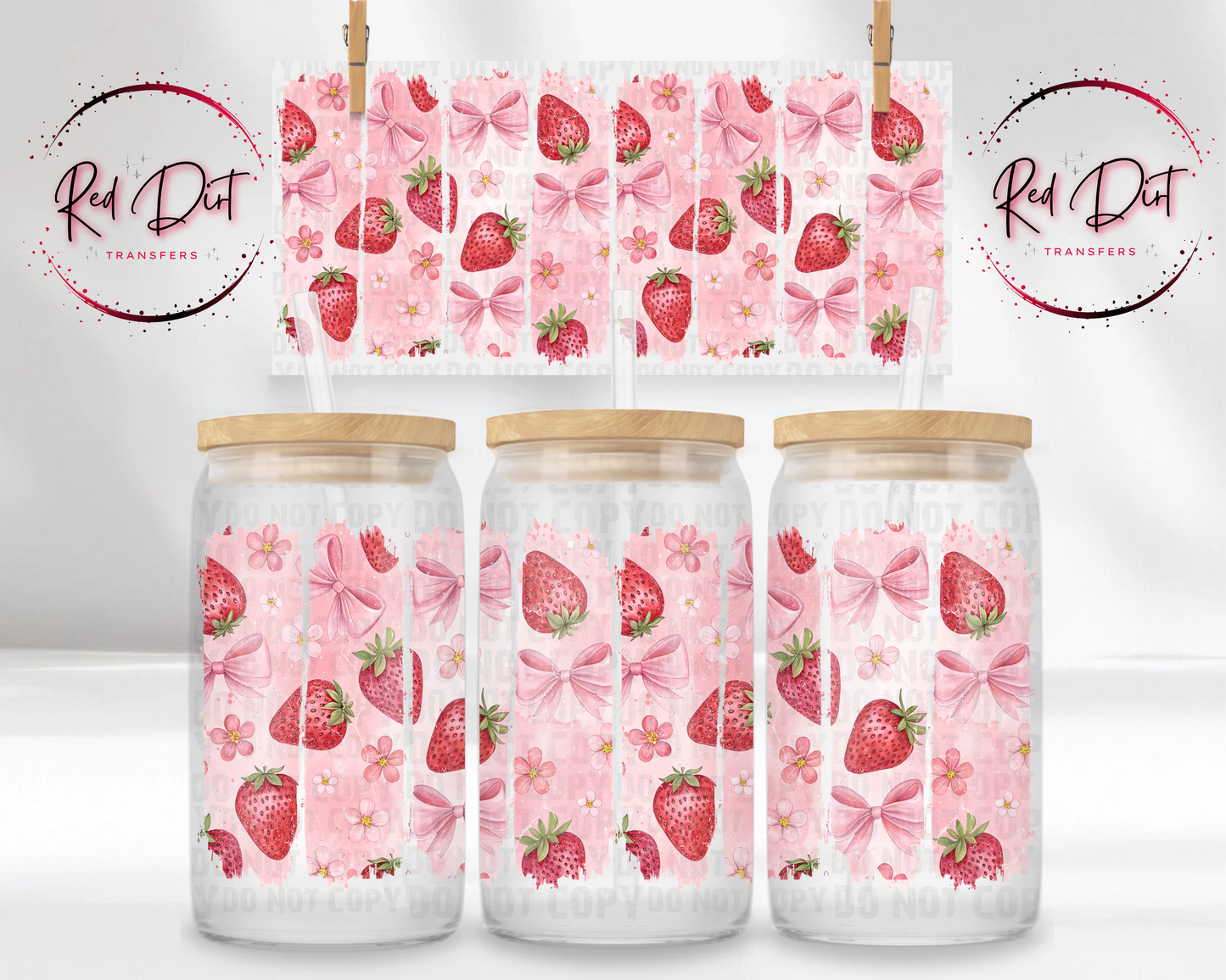 Strawberry Bows UV DTF Transfer | Pink Strawberry Cup Wrap | Coquette Aesthetic Glass Can Wrap | Libbey 16 oz Wrap
