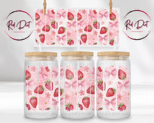 Strawberry Bows UV DTF Transfer | Pink Strawberry Cup Wrap | Coquette Aesthetic Glass Can Wrap | Libbey 16 oz Wrap