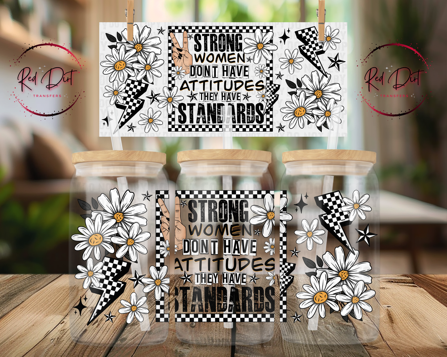 Strong Women Have Standards UV DTF Wrap | Checkered Daisy Libbey Glass Can Decal | Feminine Western Tumbler Transfer
