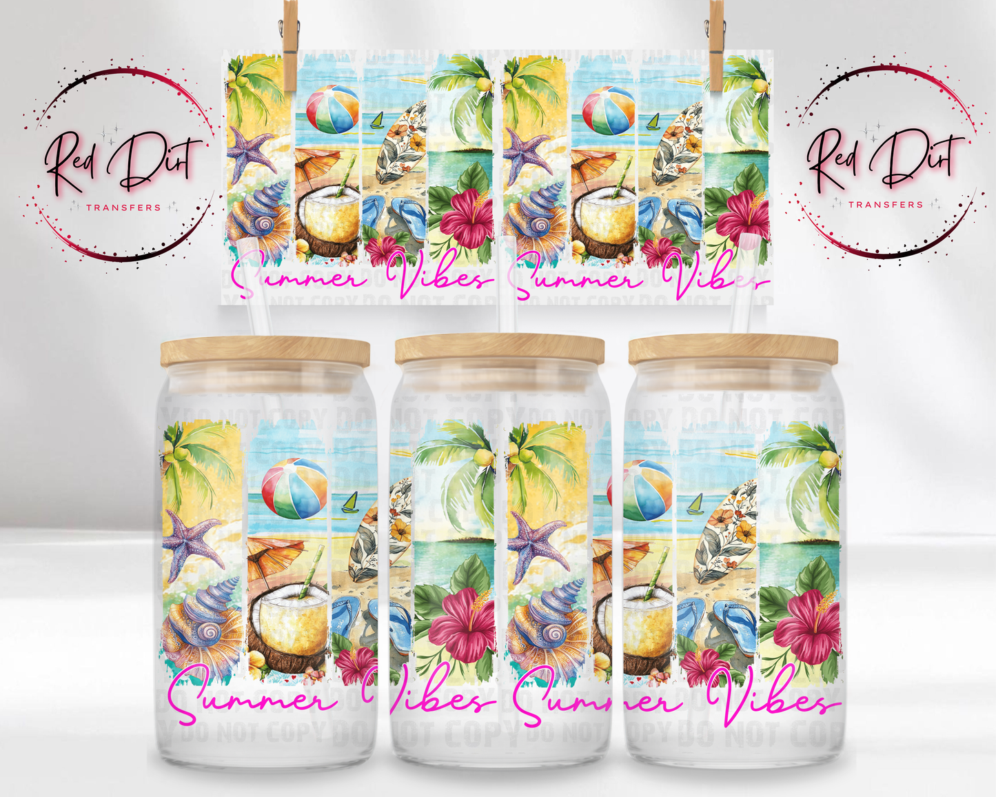 Summer Vibes UV DTF Transfer | Tropical Beach Cup Wrap | Summer Libbey Glass Can Wrap | Coastal Vacation Drink Design