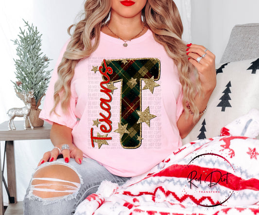 Texans Christmas Plaid Mascot T-Shirt | Trendy School Spirit Shirt | Fast Shipping | Super Soft Shirts for Men/Women/Kid's