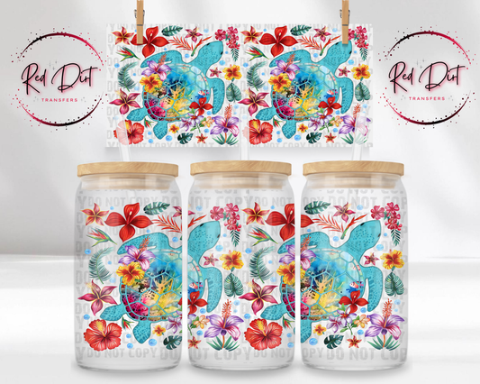 Tropical Turtle UV DTF Transfer | Sea Turtle Cup Wrap | Beach Libbey Glass Can Wrap | Ocean Summer Drink Decal