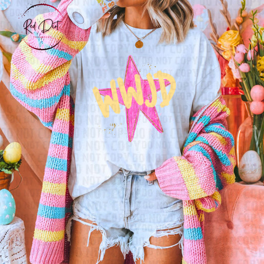 WWJD (What Would Jesus Do) Star DTF Transfer, Christian Easter DTF Transfer, Faith Based Heat Transfer, Religious Shirt Transfer, Pink Star Christian Design