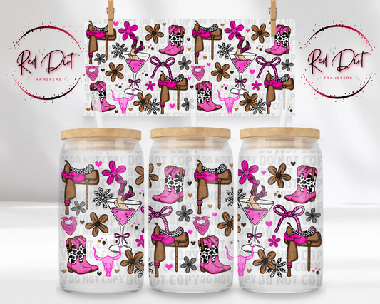 Western Coquette UV DTF Transfer | Pink Cowgirl Cup Wrap | Western Libbey Glass Can Wrap | Girly Rodeo Drink Decal
