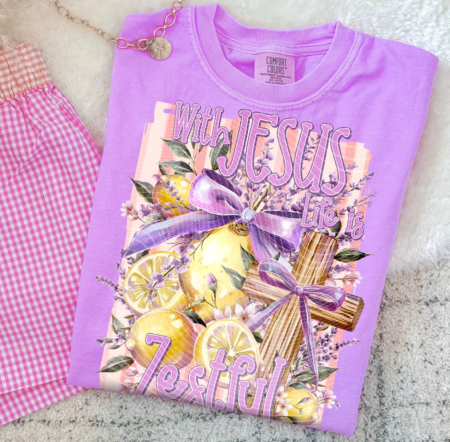 With Jesus Life is Zestful DTF Transfer, Christian Lemon Cross Design, Purple Bow Faith Shirt Transfer, Ready to Press